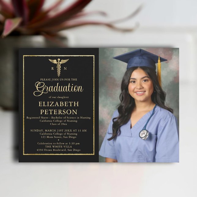 Nurse School Graduation Caduceum Gold Frame Black Invitation (nursing school graduation gold caduceum frame contemporary modern photo nurse black elegant classy)