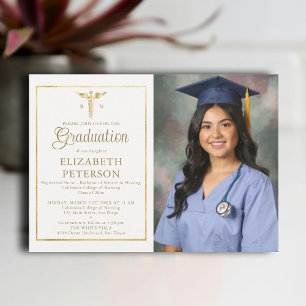 Nurse School Graduation Caduceum Gold Frame Ivory Invitation