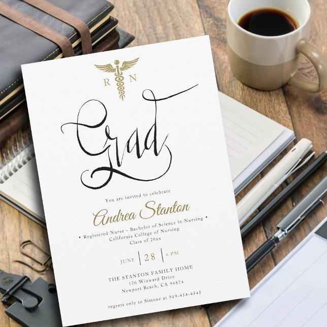 Nurse School Graduation Caduceum Grad Calligraphy Invitation (nurse graduation party invitation gold caduceum grad calligraphy elegant classic modern black white)