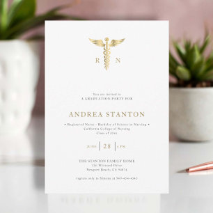 Nurse School Graduation Faux Gold Caduceum Modern Invitation