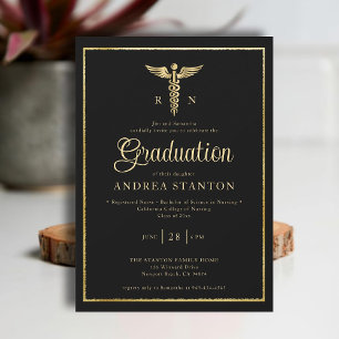 Nurse School Graduation Gold Frame Caduceum Black Invitation