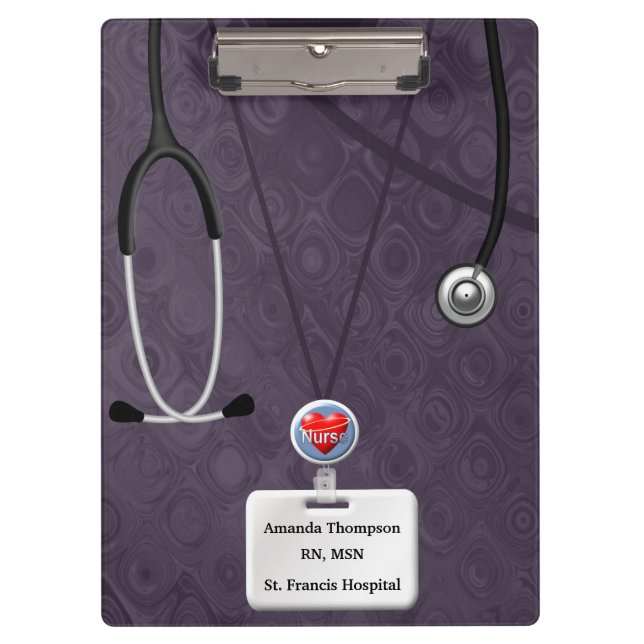 Nurse Scrubs In Purple Pattern Clipboard (Front)