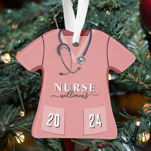 Nurse Scrubs Pink Shirt Stethoscope Christmas Ornament