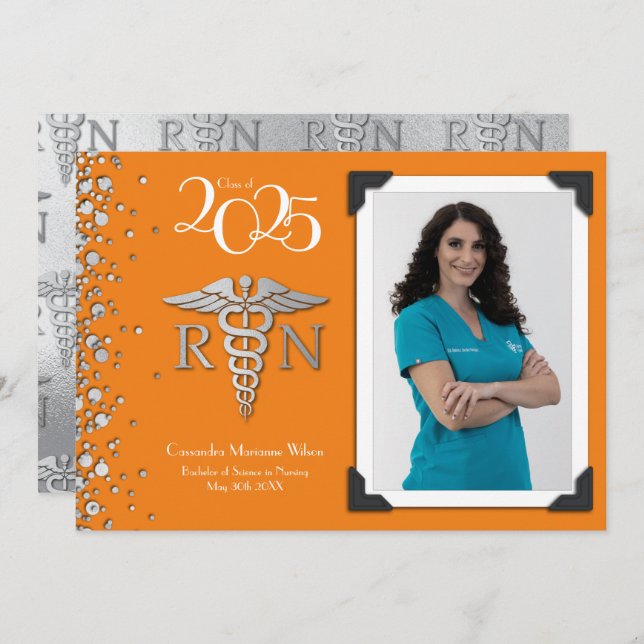 Nurse Silver Graduation Announcement Orange (Front/Back)