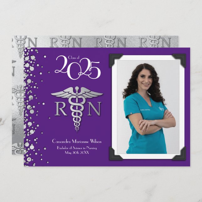 Nurse Silver Graduation Announcement Purple (Front/Back)
