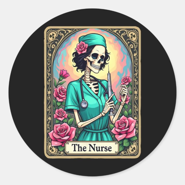 Nurse Skeleton Tarot Card Funny Nursing Nurse Rn L Classic Round Sticker (Front)