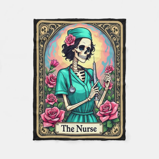 Nurse Skeleton Tarot Card Funny Nursing Nurse Rn L Fleece Blanket (Front)