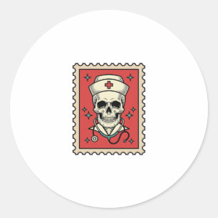 Nurse Skull Funny Retro Stamp_1 Classic Round Sticker