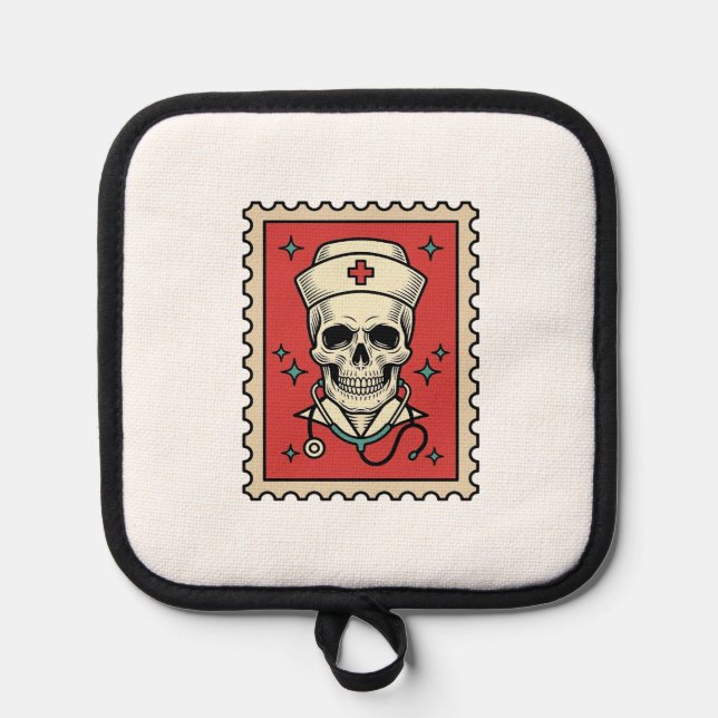 Nurse Skull Funny Retro Stamp_1 Pot Holder (Front)