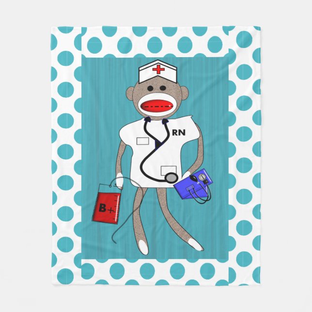 Nurse Sock Monkey Fleece Blanket Polka Dots (Front)