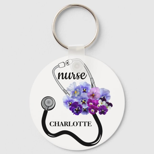  Nurse Stethoscope and Blue Pansy Floral  Key Ring (Front)