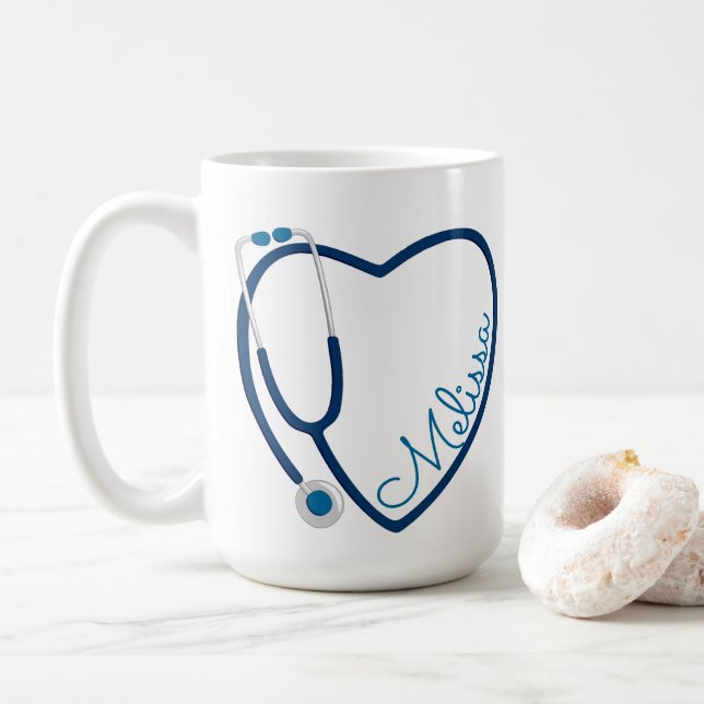 Nurse Stethoscope Heart Blue Coffee Fun Valentine Mug (With Donut)