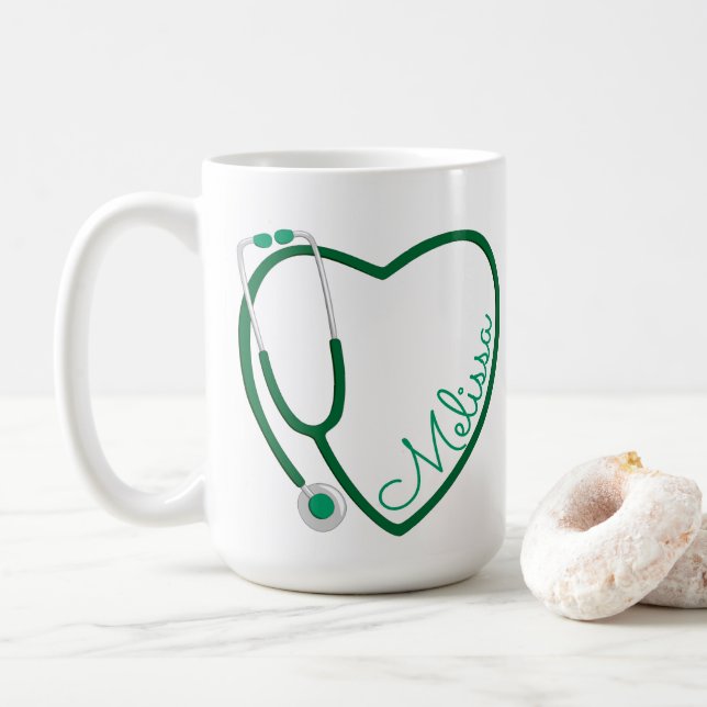 Nurse Stethoscope Heart Green Coffee Fun Valentine Coffee Mug (With Donut)