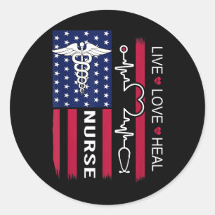 Nurse Stethoscope Heartbeat American Flag Nurse Gi Classic Round Sticker