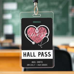 Nurse Stethoscope Pink Heart Black Hall Pass ID Badge