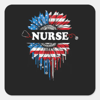 Nurse Stethoscope Sunflower Usa Flag Patriotic 4th Square Sticker
