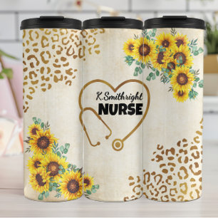 Nurse Sunflower Leopard Print Heart Thermal Tumbler