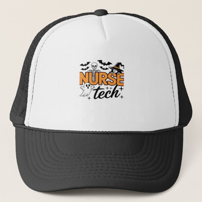 Nurse Tech - Halloween - with skeleton, witch, and Trucker Hat (Front)