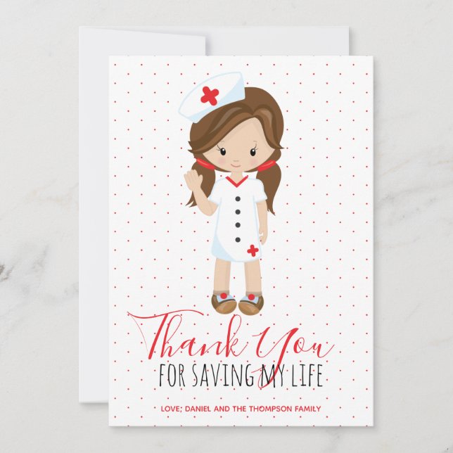 Nurse Thank You Cartoon Character Brown Hair Card (Front)
