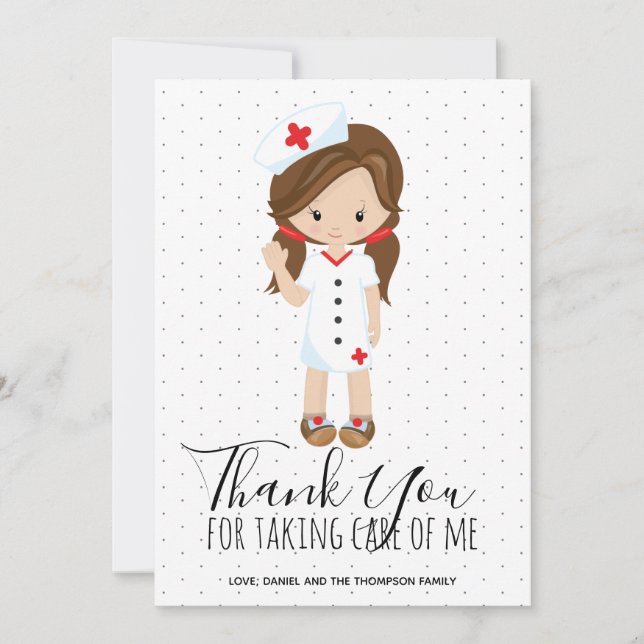 Nurse Thank You Cartoon Character Brown Hair Card (Front)