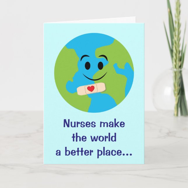 Nurse Thanks with Smiling Globe, Bandage and Heart Thank You Card (Front)