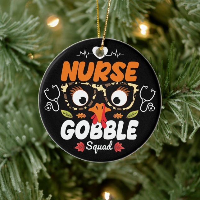 Nurse Turkey Gobble Squad Thanksgiving Nursing Ceramic Ornament (Tree)