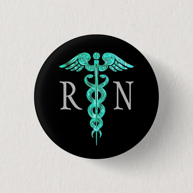 Nurse Turquoise Caduceus Grey Button (Front)