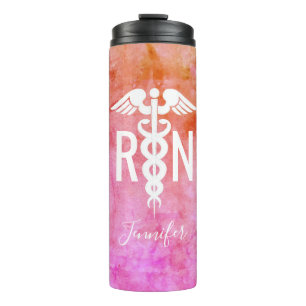 Nurse Watercolor Pink Orange Medical Caduceus Name Thermal Tumbler