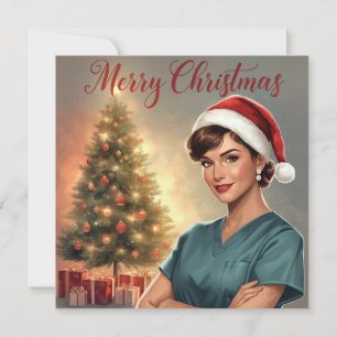 Nurse with Christmas tree in hospital Holiday Card