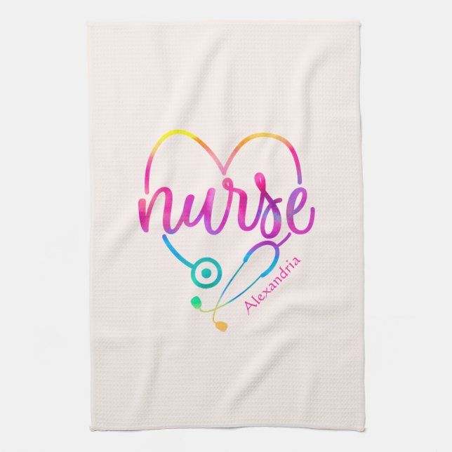 "Nurse" with Heart-Shaped Stethoscope Tea Towel (Vertical)