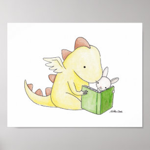 Nursery Art Decor Dragon & Bunny Reading Book