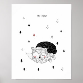Nursery Art, Fox Illustration, Sweet Dreams Poster