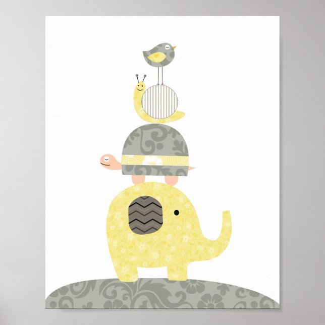 Nursery art illustration elephant bird turtle poster (Front)