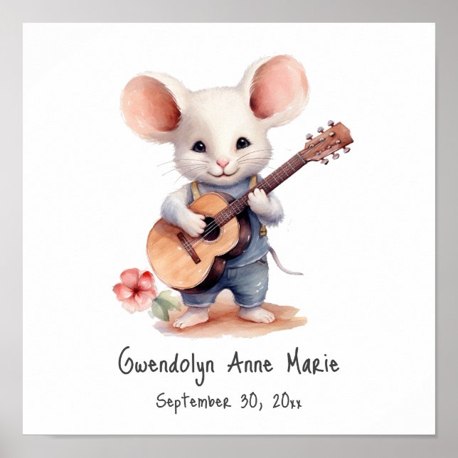 Nursery Art Mouse Playing Guitar, Right-handed Poster (Front)