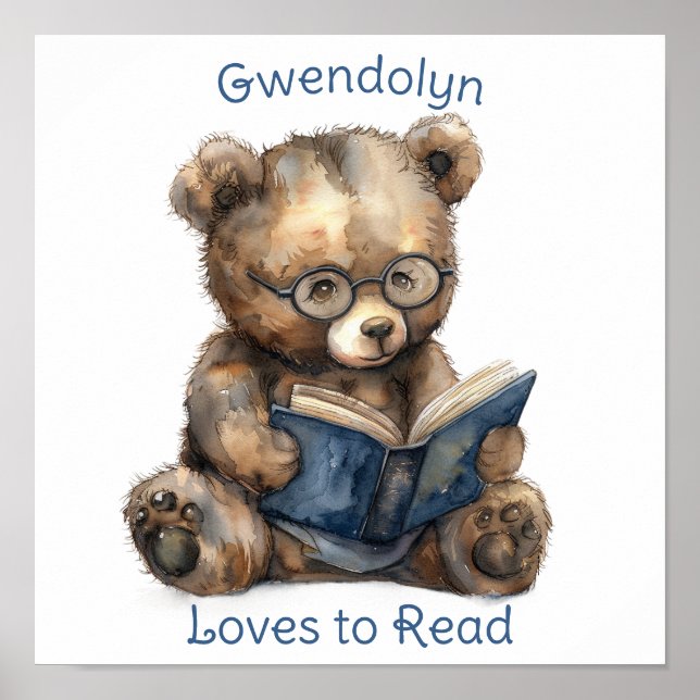 Nursery Art Poster Bear Reading a Book Personalise (Front)