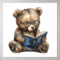 Nursery Art Poster Bear Reading with Eyeglasses
