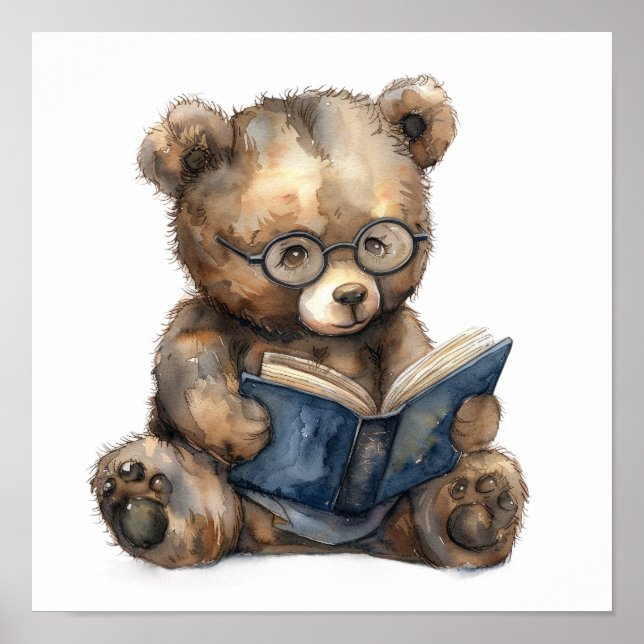 Nursery Art Poster Bear Reading with Eyeglasses (Front)
