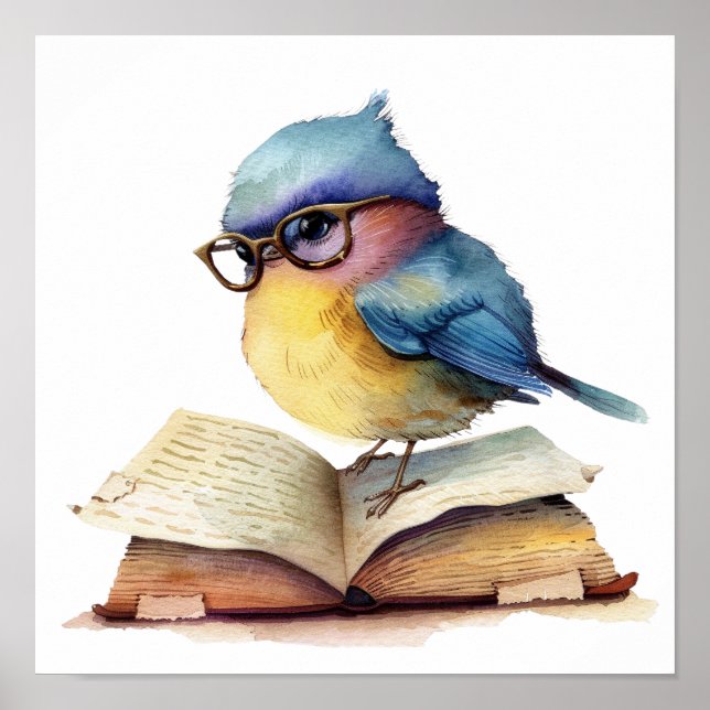 Nursery Art Poster Bird Reading with Eyeglasses (Front)