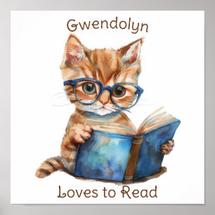 Nursery Art Poster Cat Reading a Book  Personalise