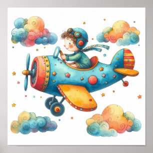 Nursery Art Poster Child Flying Propeller Aeroplan