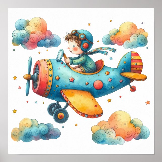 Nursery Art Poster Child Flying Propeller Aeroplan (Front)