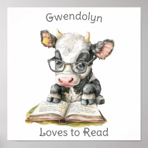 Nursery Art Poster Cow Reading a Book Personalise