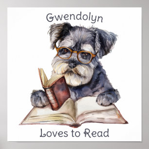 Nursery Art Poster Dog Reading a Book  Personalise