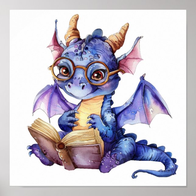 Nursery Art Poster Little Purple Dragon Reading  (Front)