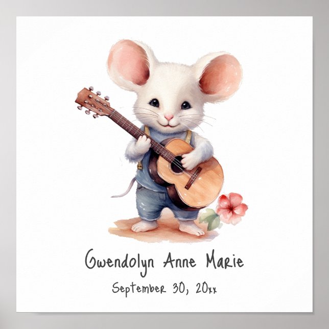 Nursery Art Poster Mouse Playing Guitar, Left-hand (Front)