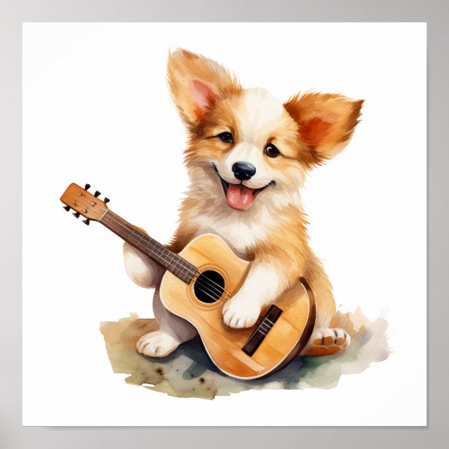 Nursery Art Poster Puppy with a Guitar  (Front)