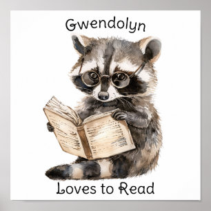 Nursery Art Poster Racoon Reading 