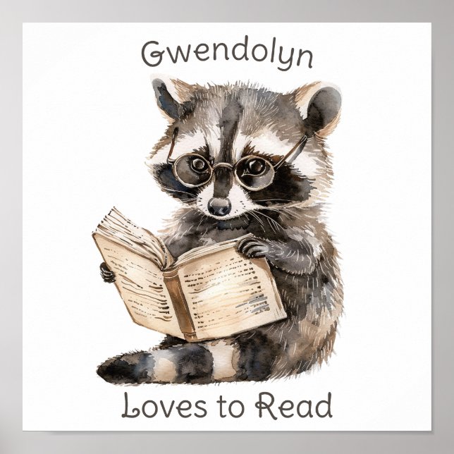 Nursery Art Poster Racoon Reading  (Front)