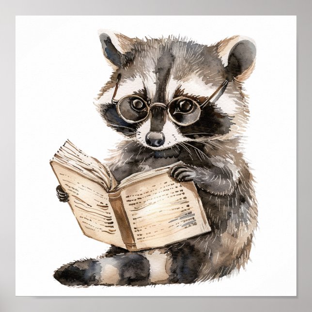 Nursery Art Poster Racoon Reading with Eyeglasses (Front)