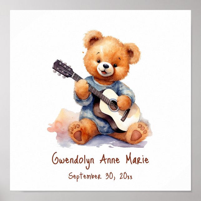 Nursery Art Poster Teddy Bear Guitar Customisable (Front)